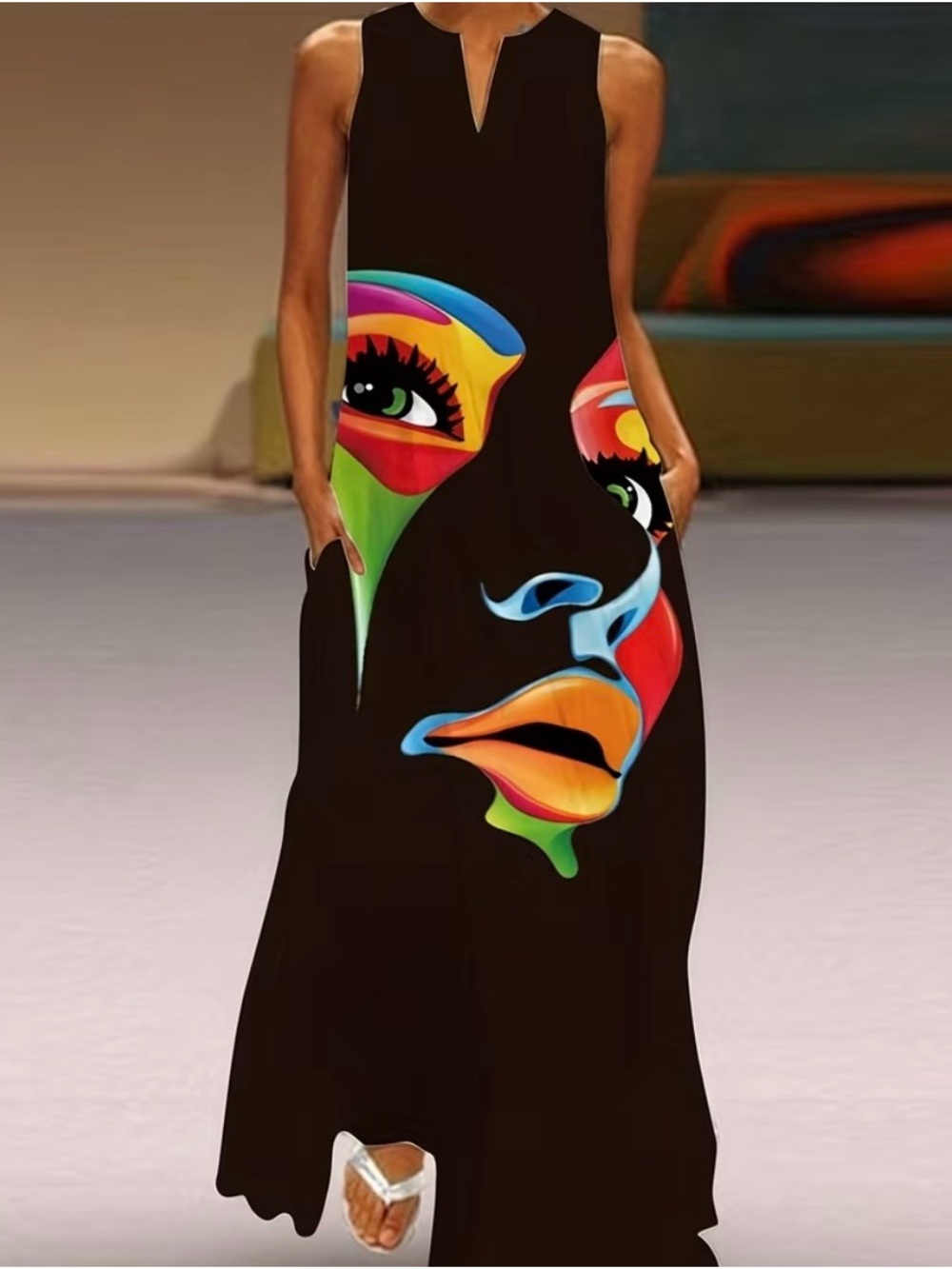 Abstract Art Face Print Maxi Dress with Pockets XL